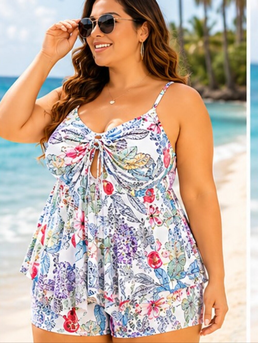 PLUS SIZE FLORAL KEYHOLE TIE-FRONT TANKINI SET - WHITE MULTI SIZE 3XL NWT
